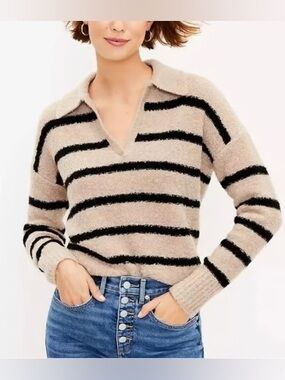 Loft tan with black stripe pull over sweater fold over collar long sleeves